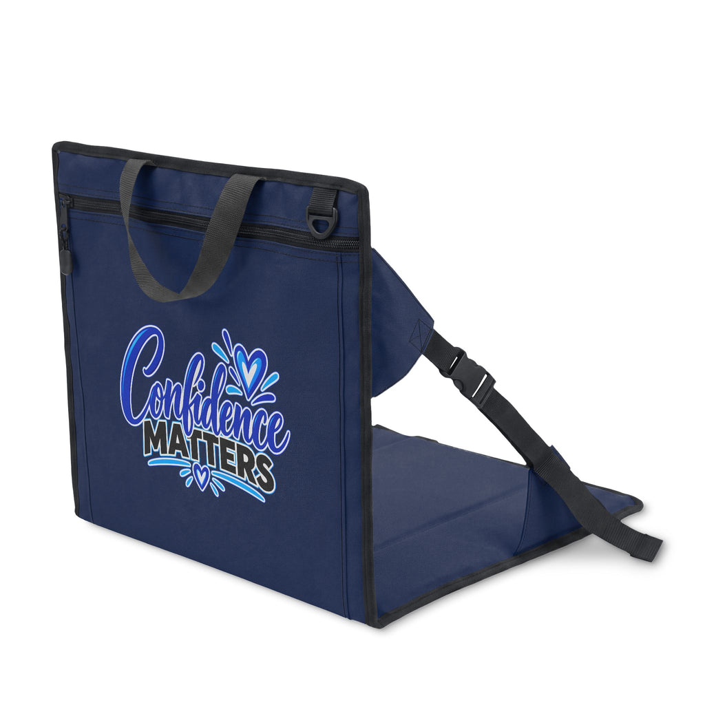 Stadium Seat - "Confidence Matters" Foldable Bleacher Seat with Back Support (Blue)