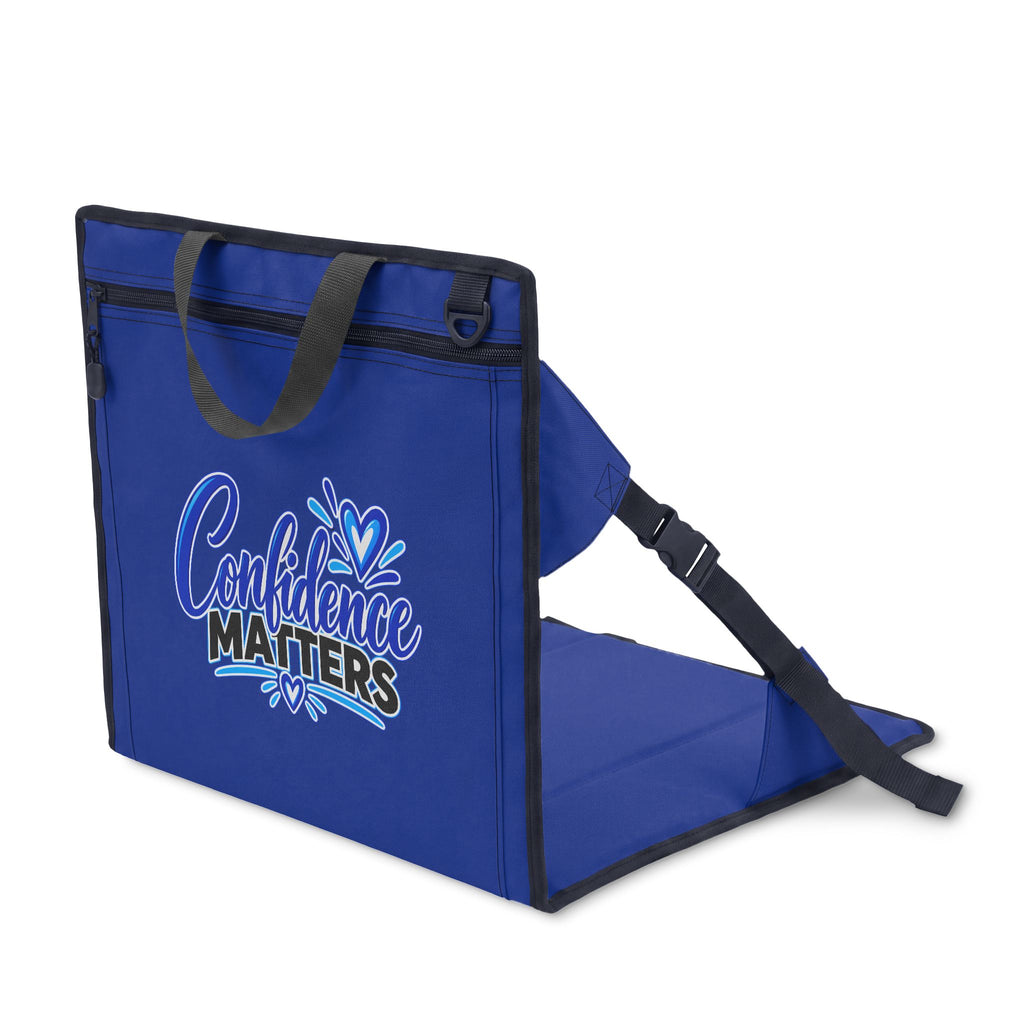 Stadium Seat - "Confidence Matters" Foldable Bleacher Seat with Back Support (Blue)