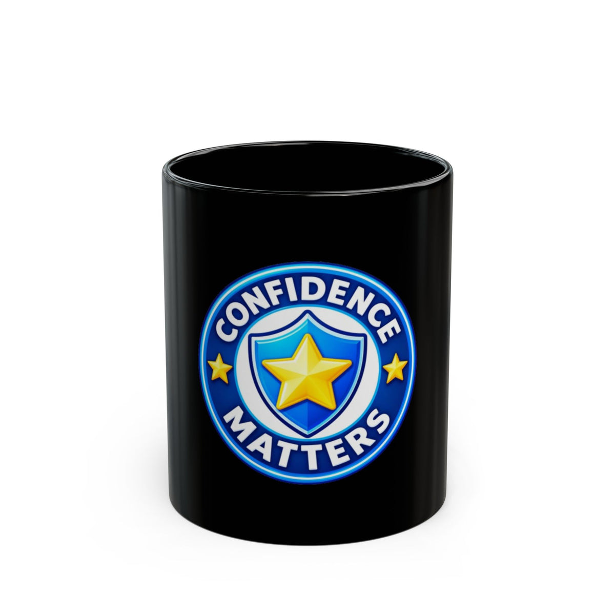 Confidence Matters Black Mug – Motivational Coffee Cup with Star Badge Design
