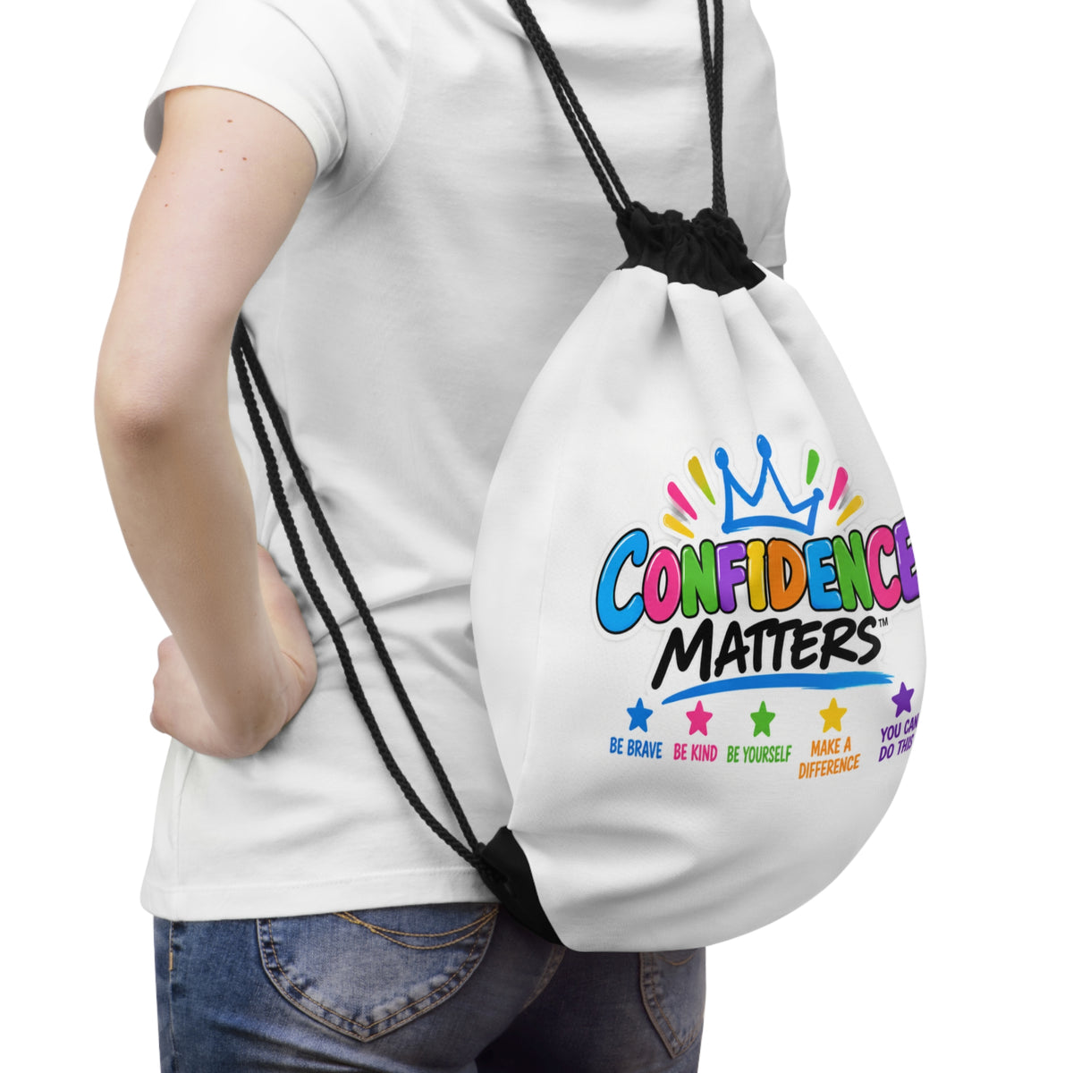 Confidence Matters Drawstring Bag — Colorful Motivational Gym Backpack